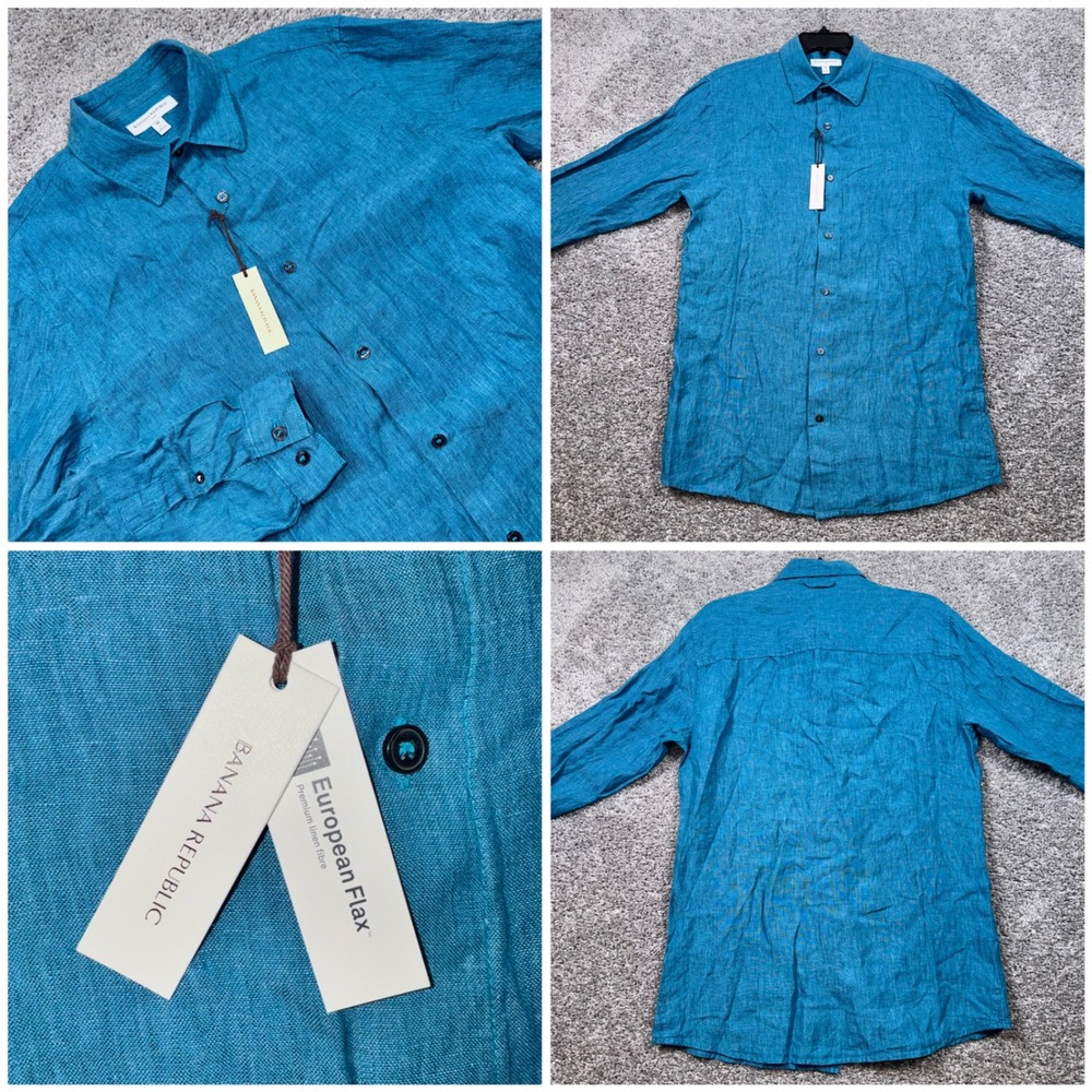 Banana Republic Slim Linen Shirt Mens Tall Long Sleeve Teal Blue M NEW